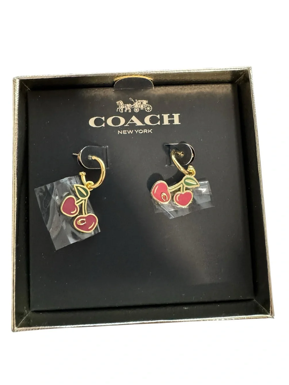 COACH Gold-Tone Red Enamel Cherry Hoop Earrings - Picture 2 of 3
